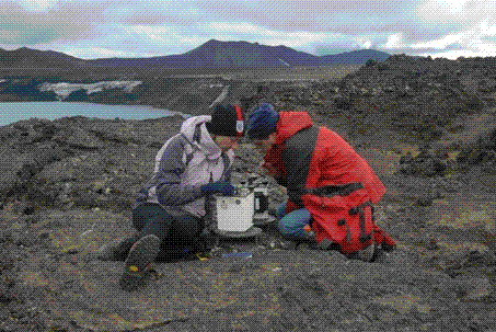 Professor Hazel Rymer and Andres Pavez take gravity readings in the Askja caldera. Photograph copyright, Martin Redfern.